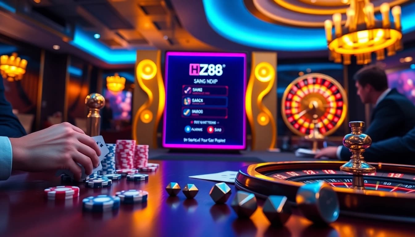 Engaging HZ88 đăng nhập interface showing strategic betting with poker chips and roulette wheels