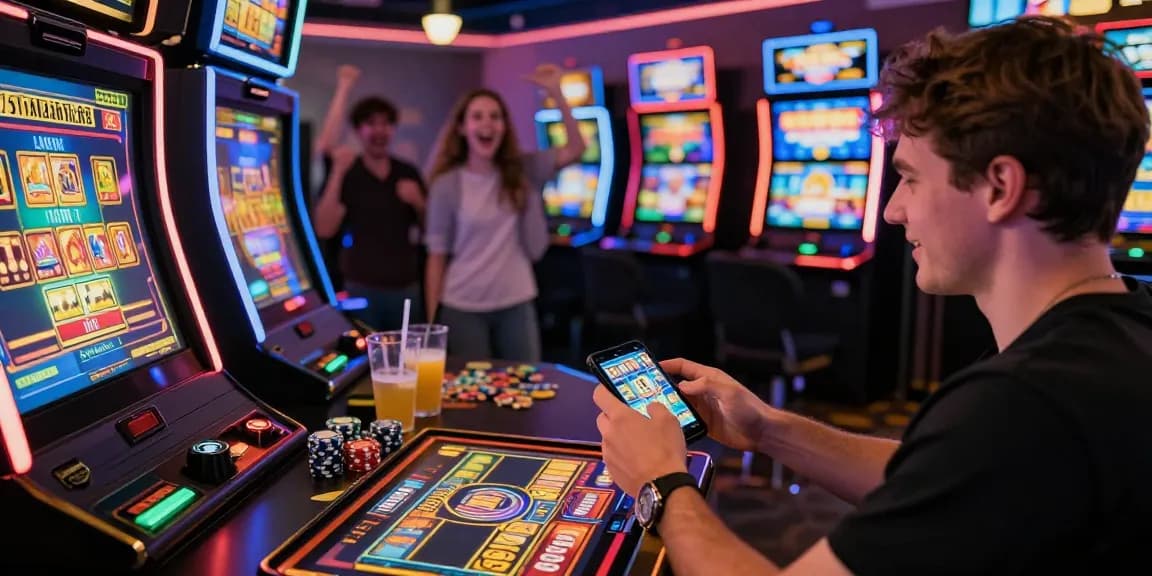 Permainan slot777 yang mengasyikkan di lounge game modern dengan mesin slot berwarna-warni.