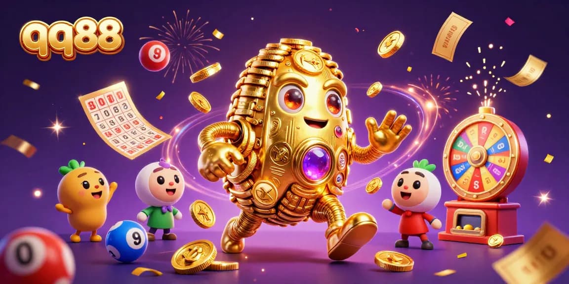 Experience the excitement of qq88 with a magical golden golem in a vibrant casino scene.