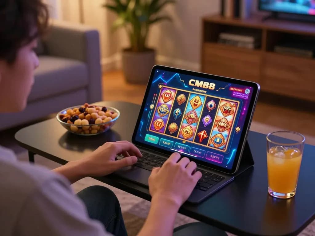 A player uses the CM88 app for online slots, creating an engaging home gaming atmosphere.