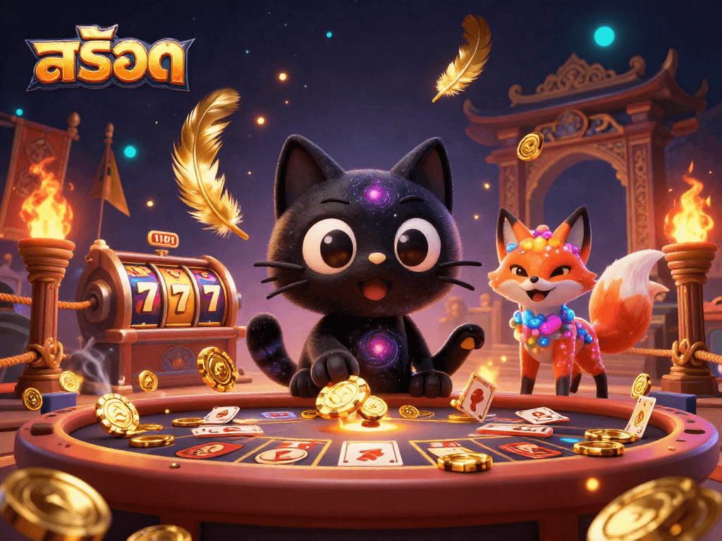 Engage in exciting สล็อต gameplay with a cosmic-themed 3D cat casino show featuring vivid elements.