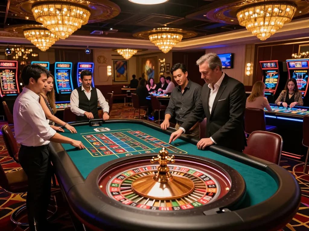 Players enthusiastically engaging with the kp88 roulette table, surrounded by an upscale casino ambiance.