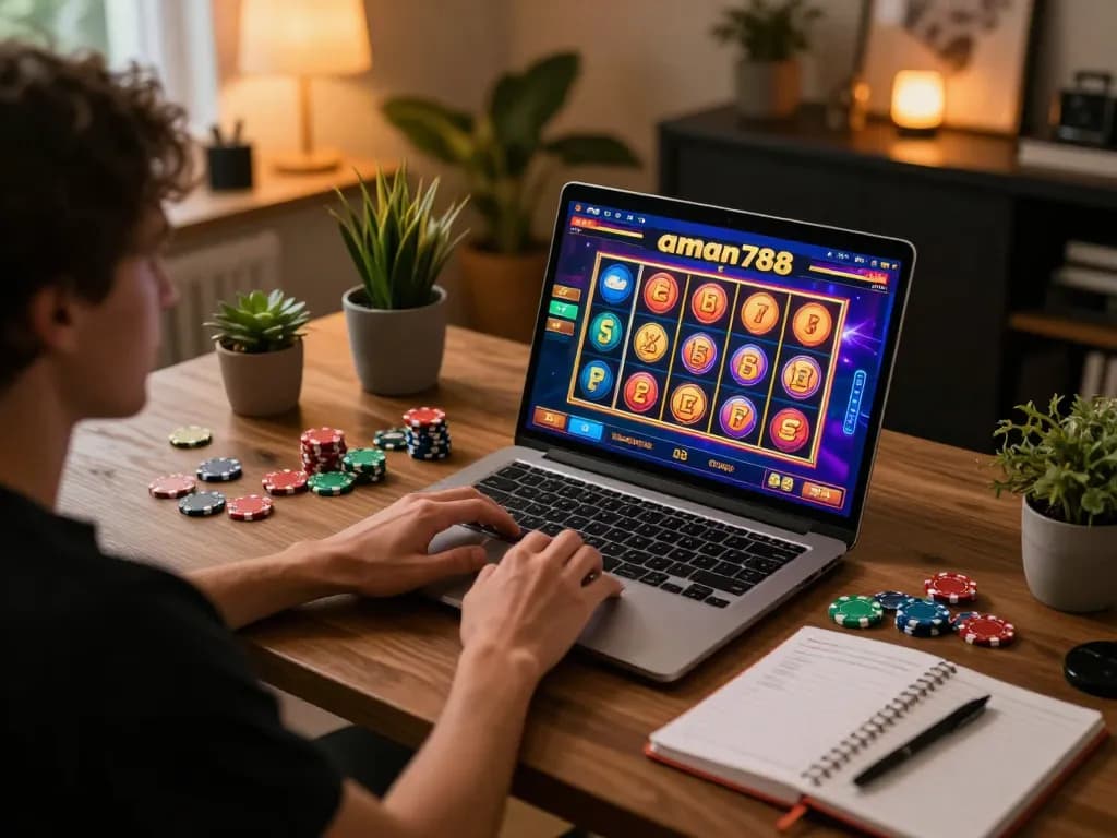 A player engaging with aman788's exciting slot games on a laptop, showcasing a vibrant home gaming atmosphere.