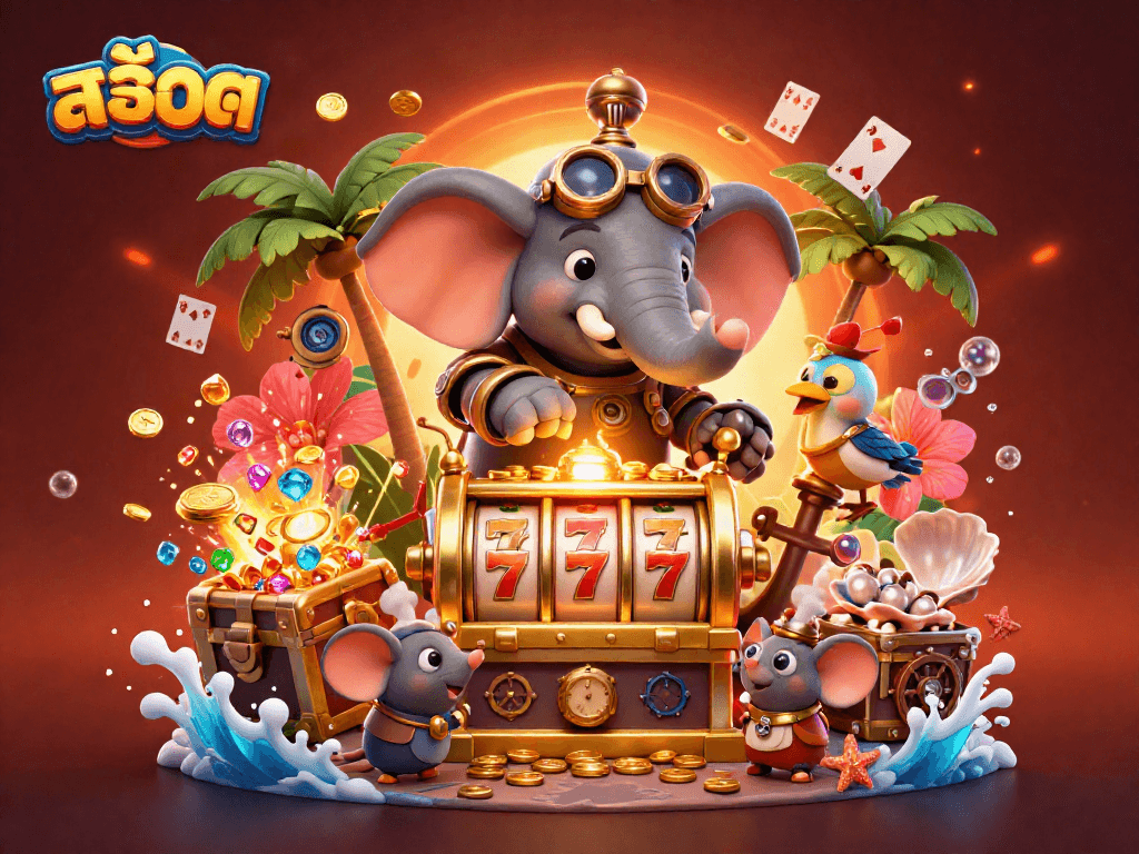 Spin the สล็อต slot machine with a mechanical elephant engineer amidst treasure and dazzling casino elements.