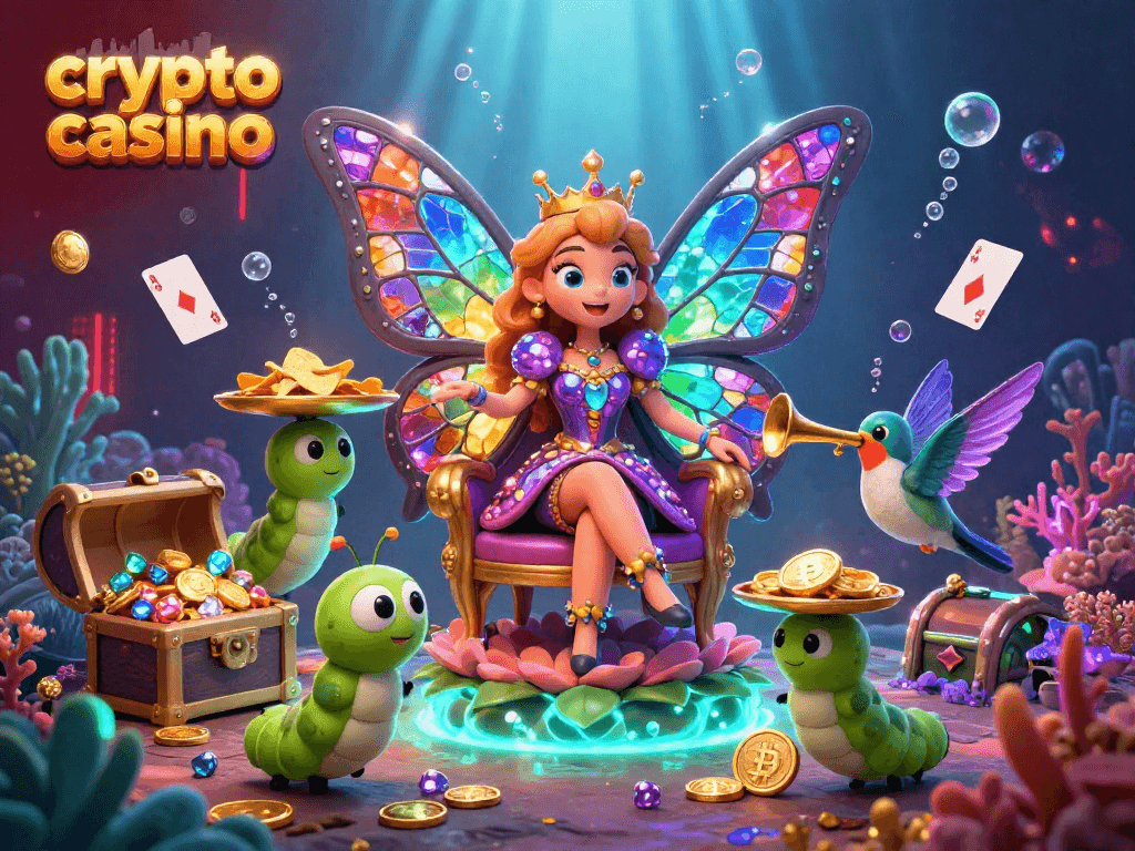 Experience excitement in a vibrant crypto casino scene with a butterfly queen and treasure elements.