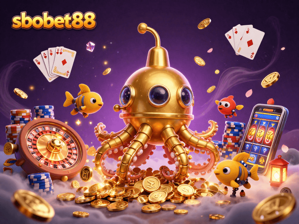 Engage in thrilling betting at sbobet88 with a vibrant scene featuring a golden kraken, rich casino elements, and dynamic gameplay.