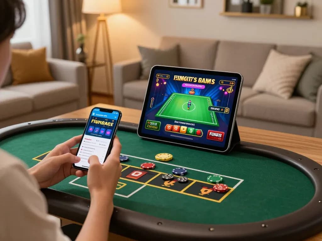 Fun88 user engaging with the mobile app for online gaming at home, showcasing modern gambling experience.