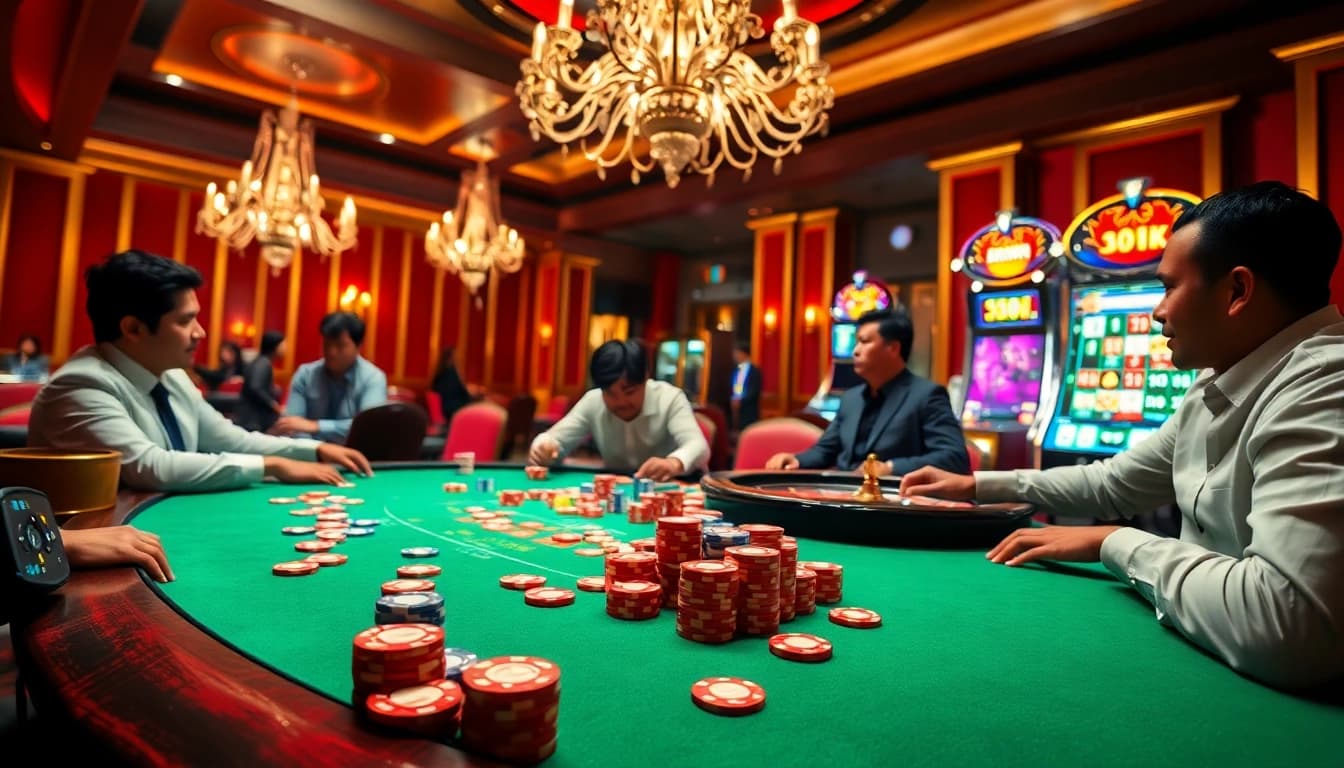 Adegan kasino yang seru menampilkan pemain poker dan roulette, menekankan datukwin alternatif untuk pengalaman kemenangan.