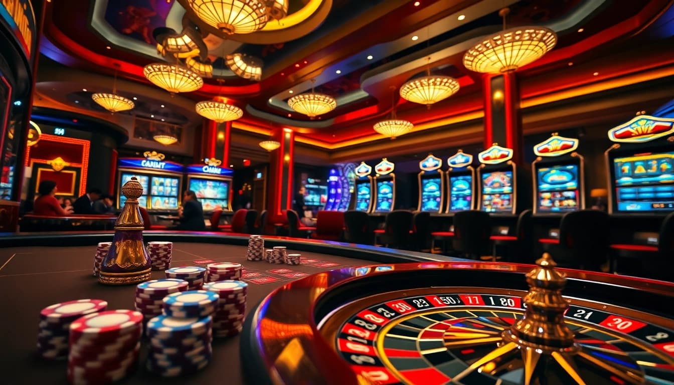 Engaging casino image showcasing Batman138 with vibrant slot machines and dynamic gaming tables.