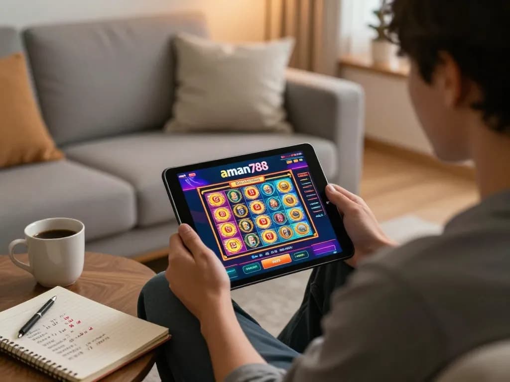 Berinteraksi dengan antarmuka kasino online aman788 melalui tablet di pengaturan rumah yang nyaman, menekankan gameplay yang mengasyikkan.