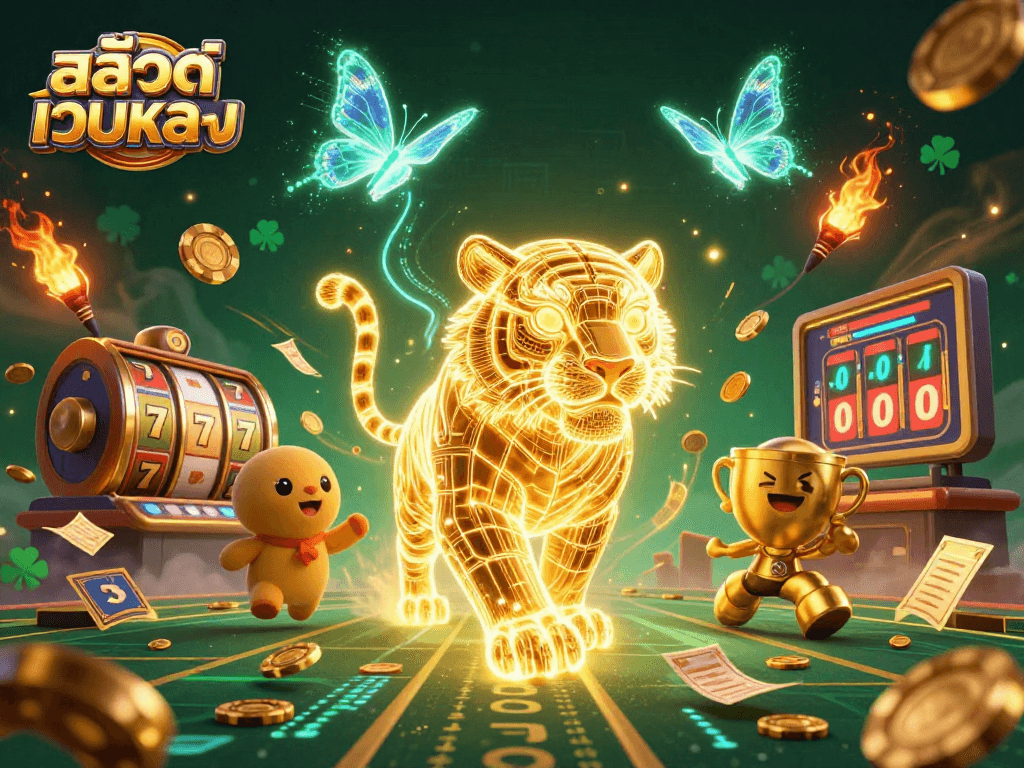 Engage in thrilling gameplay at สล็อตเว็บตรง with a golden tiger in a vibrant casino landscape.