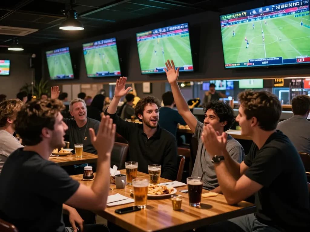 Cakhia TV sports betting excitement with fans engaging around live match screens
