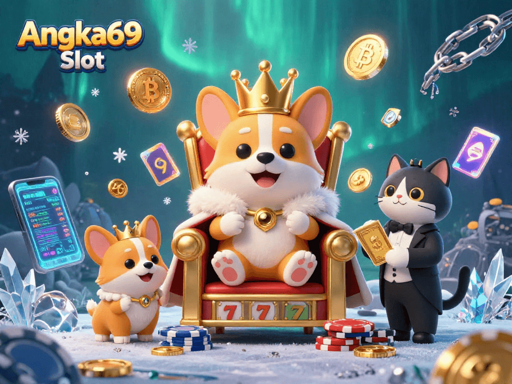 Experience Angka69 Slot with a royal corgi on a throne amidst vibrant casino elements.