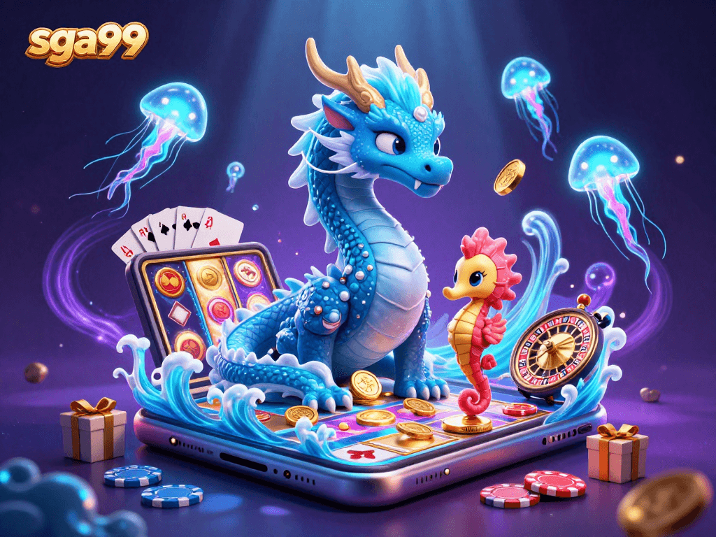 Spin to win with sga99 in a magical underwater casino scene featuring dragons and exciting games.