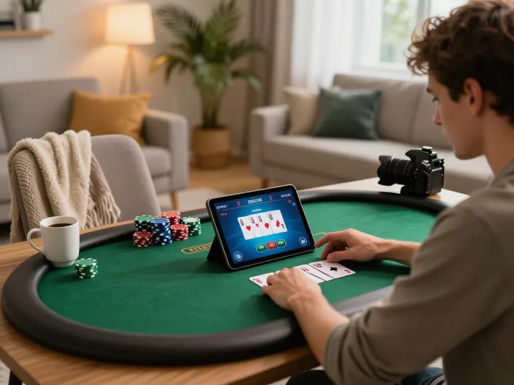 Exciting poker game at home with 33win tablet gaming setup, cozy ambiance, strategic gameplay.