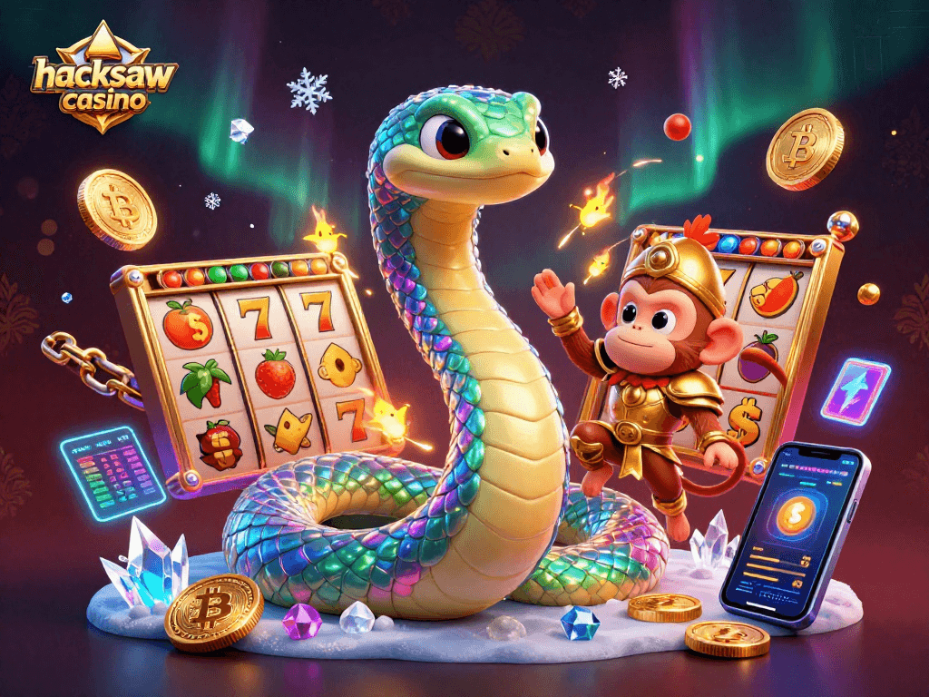 Join the fun at hacksaw casino with a vibrant 3D illustration of a rainbow serpent and monkey king in a dynamic slot experience.