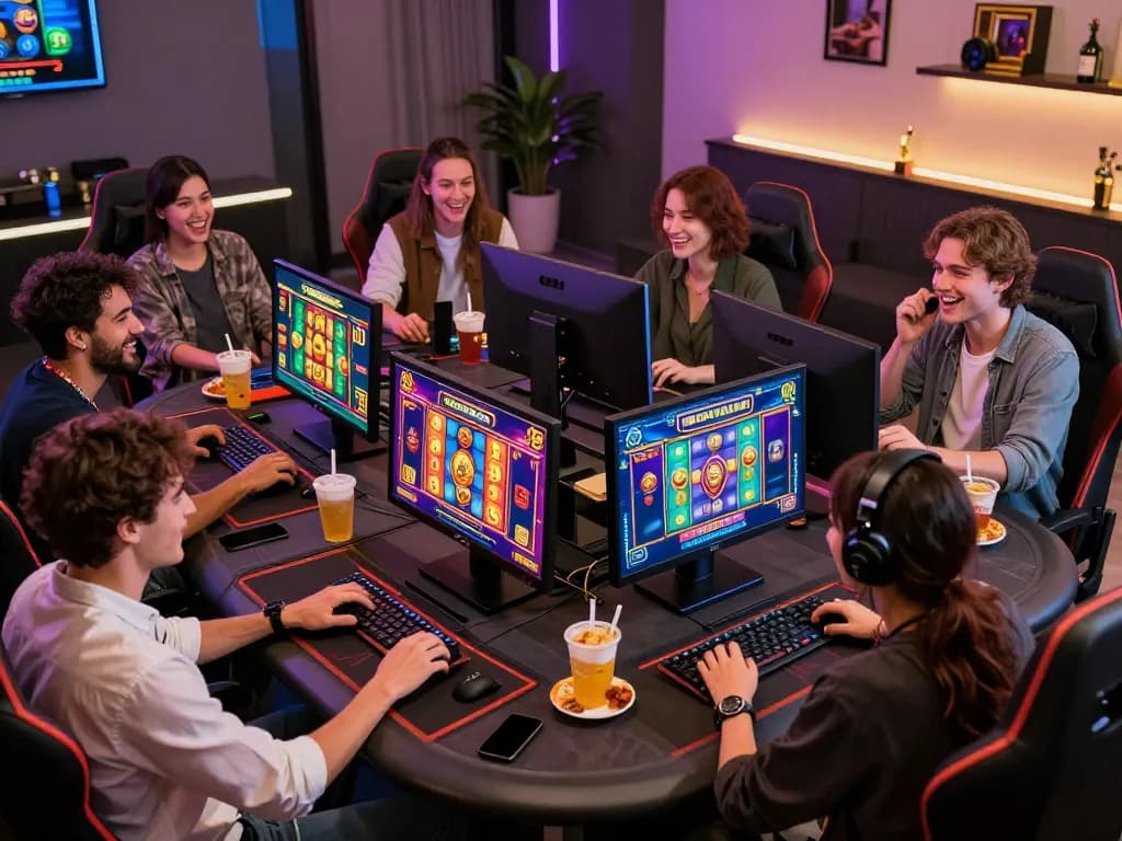 Suasana permainan online yang menarik menampilkan teman-teman bermain situs gacor dengan grafik yang cerah dan suasana sosial.