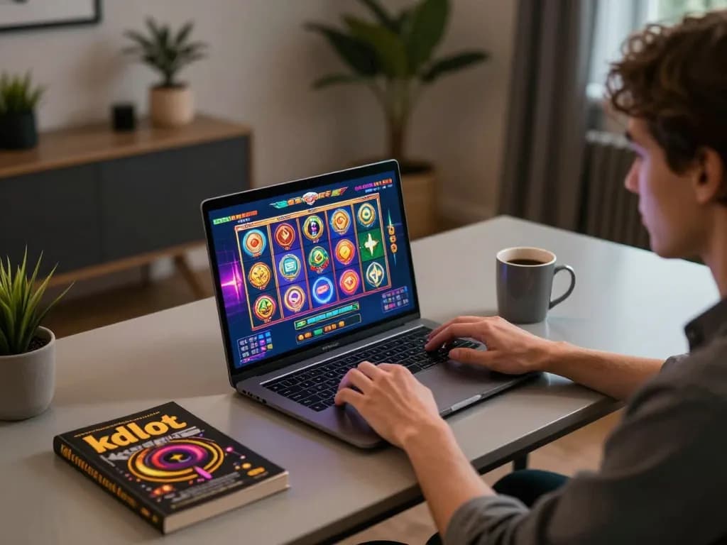 Player enjoying kdslot game on a laptop at home, showcasing a cozy gaming atmosphere with strategy tools.