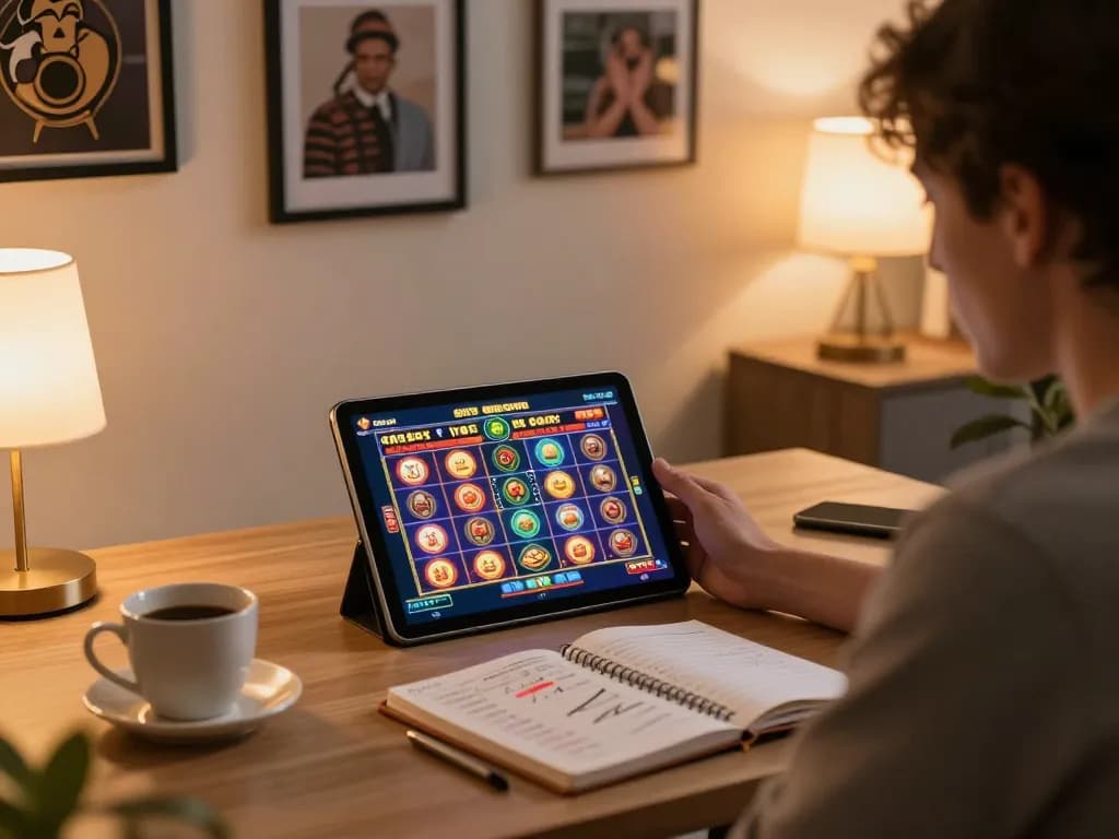 Situs slot gacor gameplay displayed on a tablet in a cozy home office setting, showcasing a player's immersive experience.