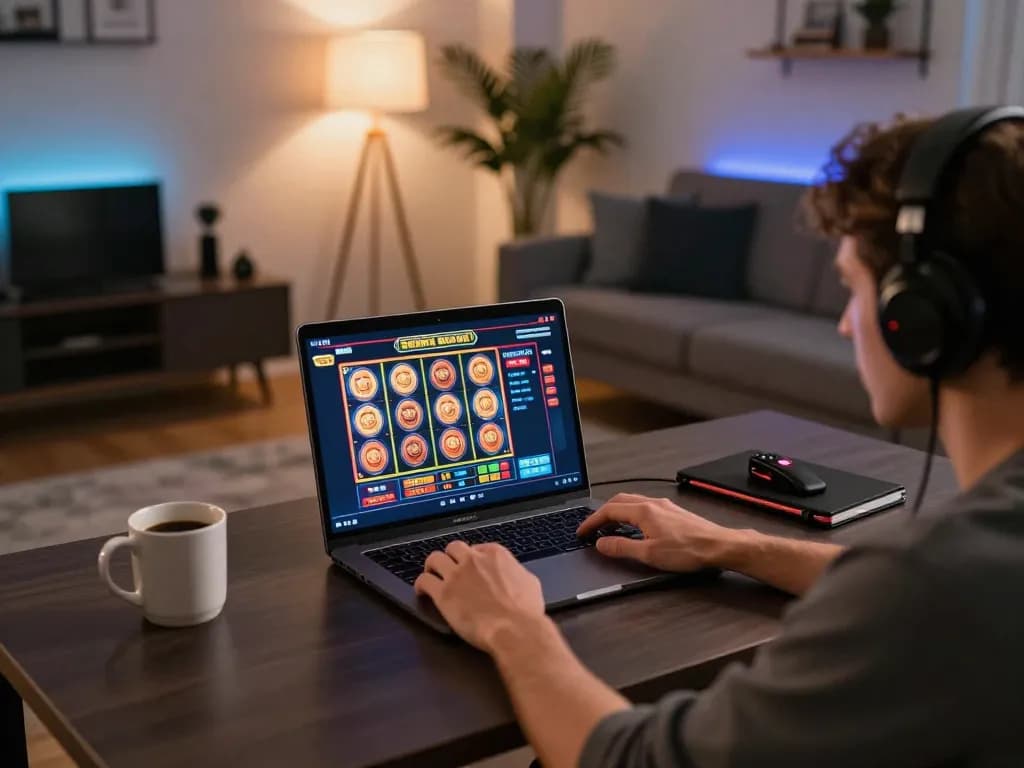 Bromo888 player enjoying online gaming session at home, focused on slot game strategy.