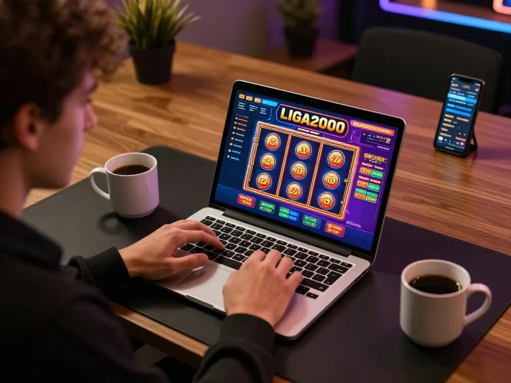 LIGA2000 online gaming session showing player engaged with laptop interface in a cozy modern setting