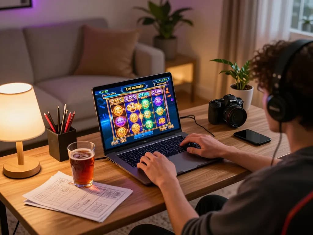 Pemain menggunakan link alternatif DASI4D di laptop, terlibat dalam permainan slot online yang berwarna-warni di rumah.