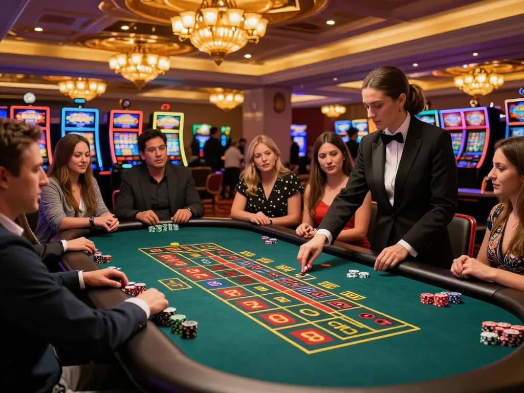 Players strategically placing bets at the roulette table in an upscale Da88 casino environment
