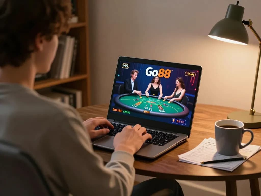 Engaging in Go88 online casino gaming at home with a laptop and notes.