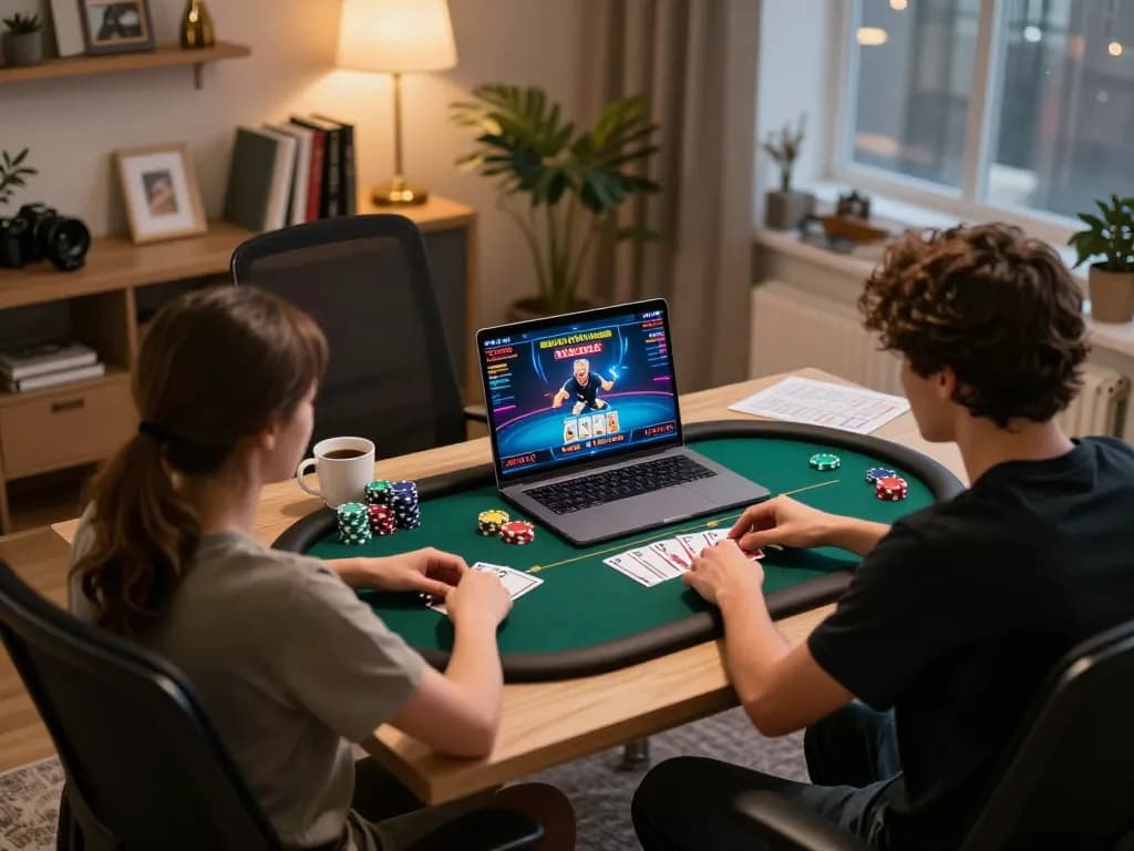 Player enjoys a high-stakes poker game at home on Go88 platform with a modern laptop setup