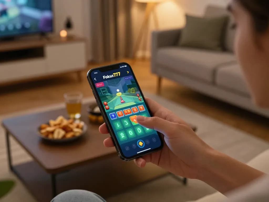 Fokus777 mobile gaming session showing smartphone bet placement in cozy living room setting.
