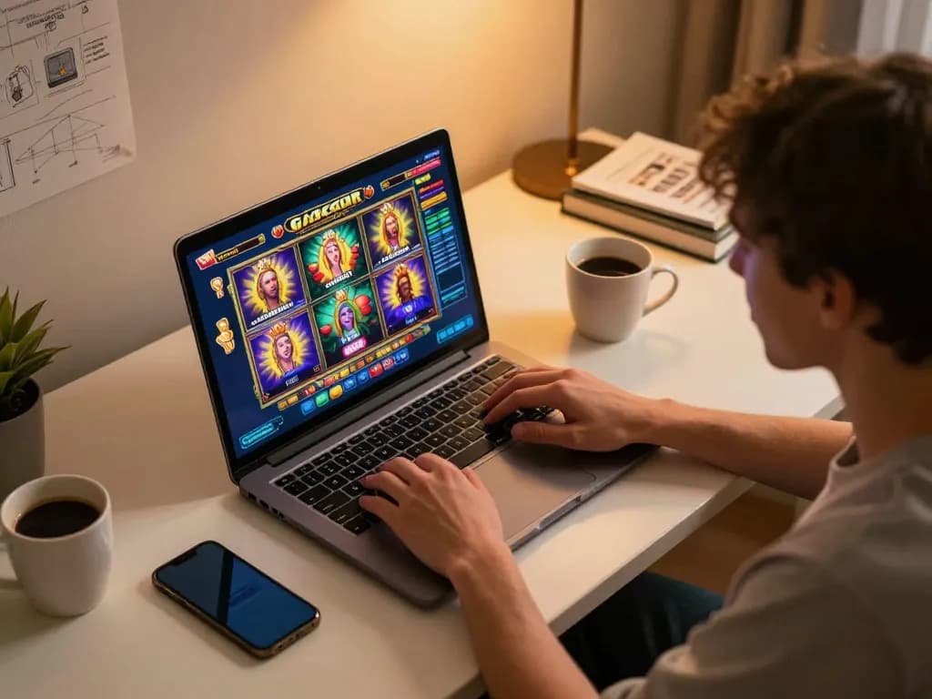 Player strategizing with slot gacor game on laptop, creating an engaging online gaming atmosphere