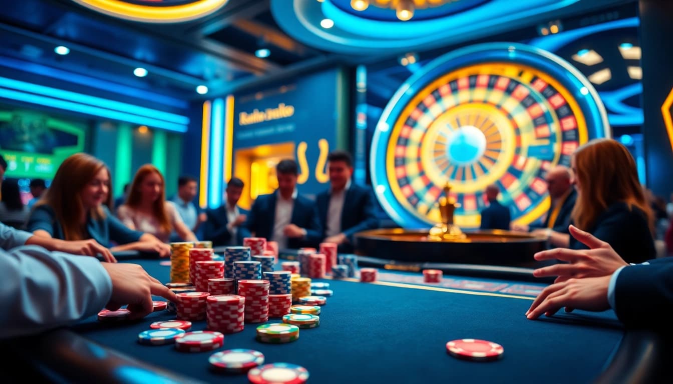 Excited players betting at a vibrant rr88 mov casino table with poker chips and roulette wheel.