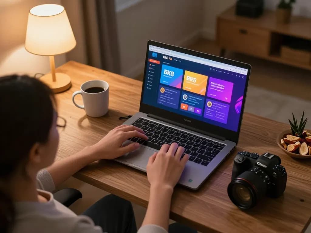 Engaged player enjoying BK8 online gaming experience in a cozy home setting