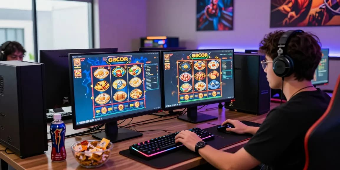 Exciting slot gacor gaming setup with vibrant screens and ambient lighting