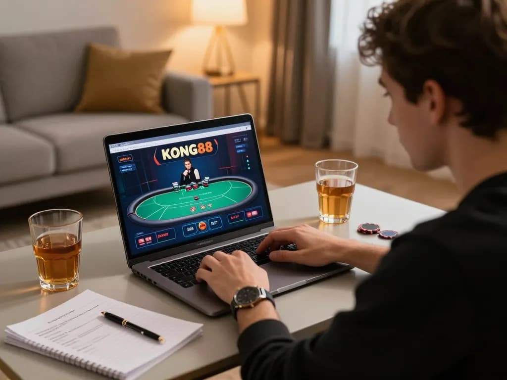 KONG88 player strategizing during an online poker game in a cozy home setup.