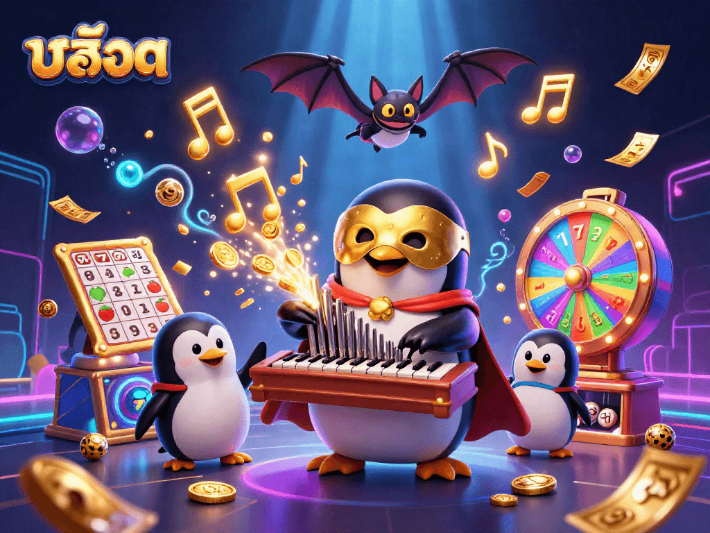 Experience the excitement of สล็อต with a whimsical 3D illustration featuring a penguin playing organ, rich with gambling elements.