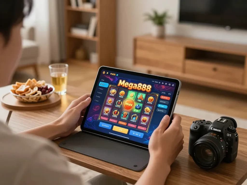 Versi asal Mega888 dipaparkan pada tablet semasa sesi permainan di rumah yang menarik.