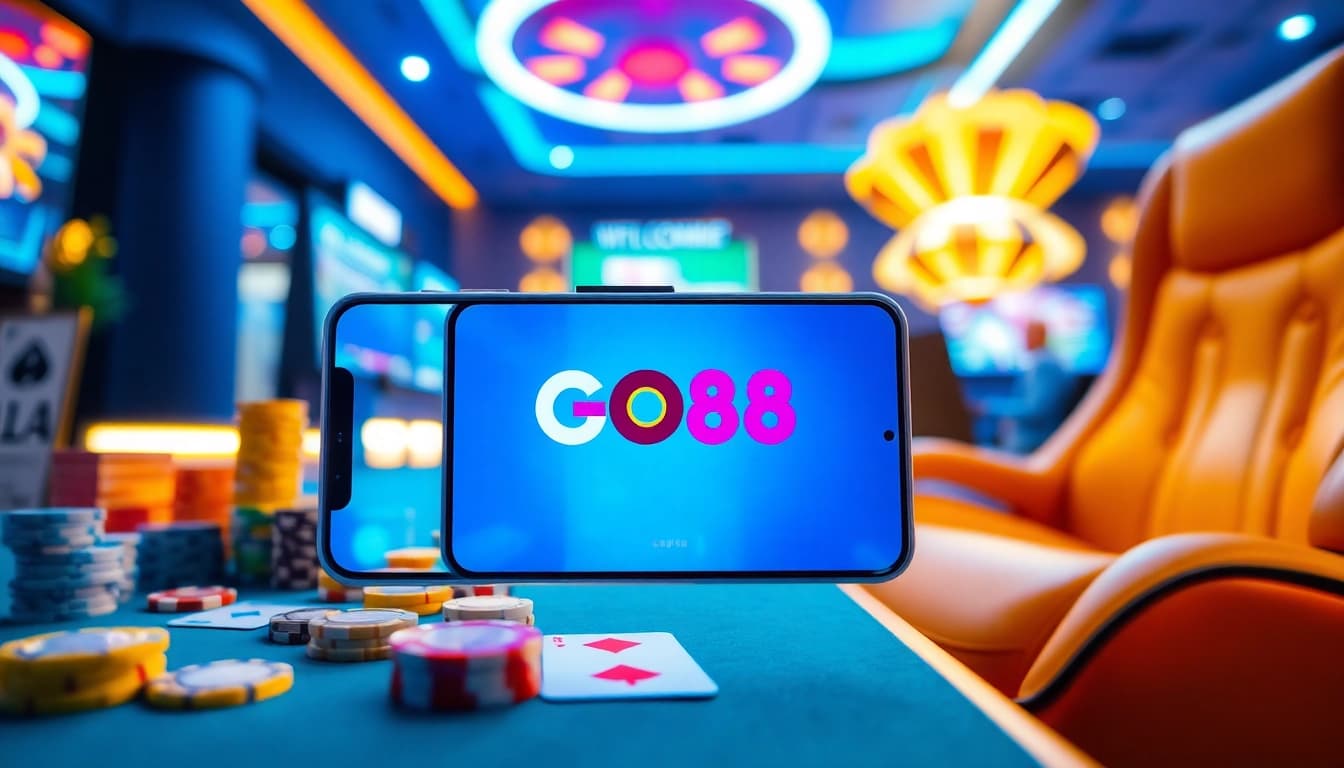 Tải GO88 on a smartphone within a vibrant gaming setup, showcasing excitement and modernity for gamers.