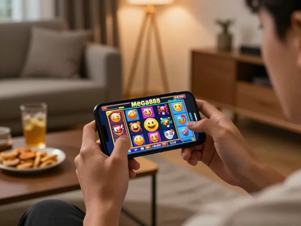 Enjoying Mega888 APK on a smartphone while relaxing in a cozy living room.