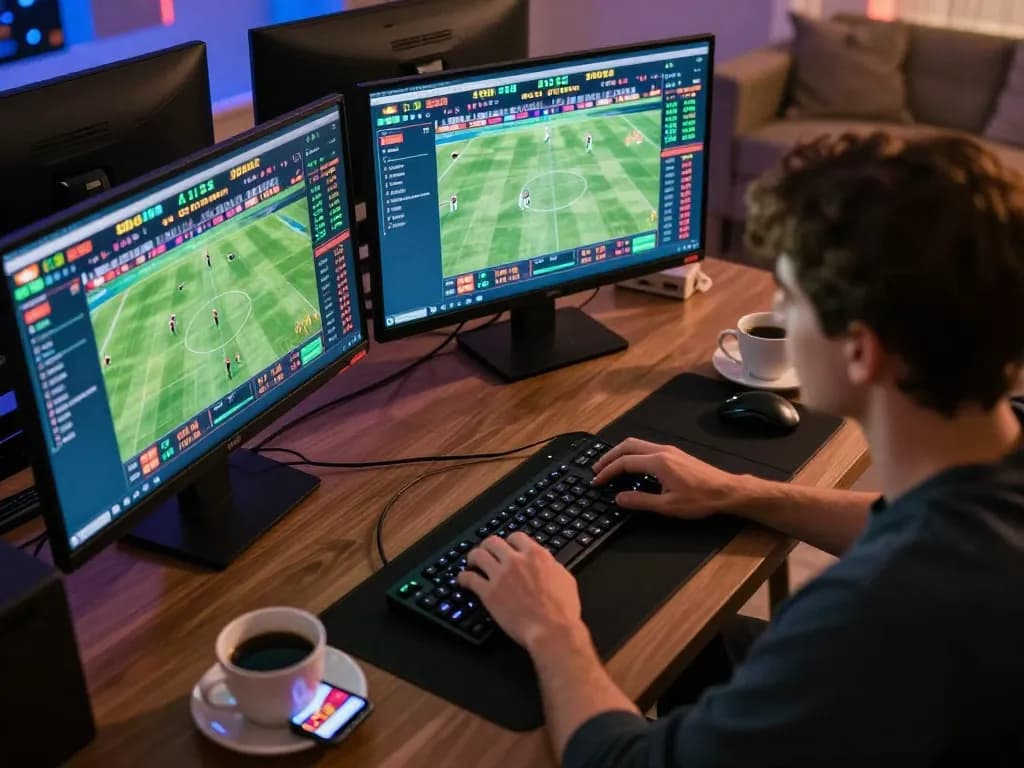 cm88 gamblers engaging in strategic betting from home using multiple screens and smartphones