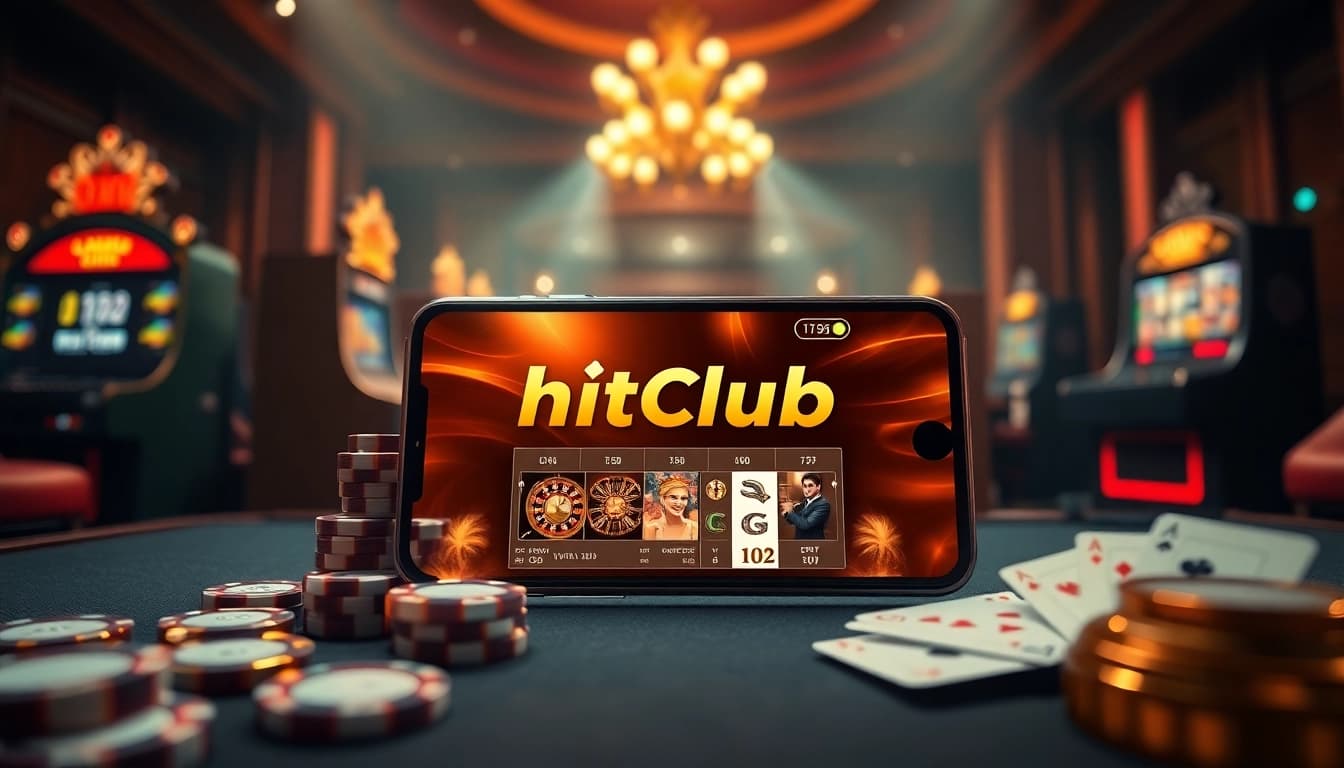 Experience thrilling casino action with tải hitclub on your mobile device surrounded by vibrant casino elements.