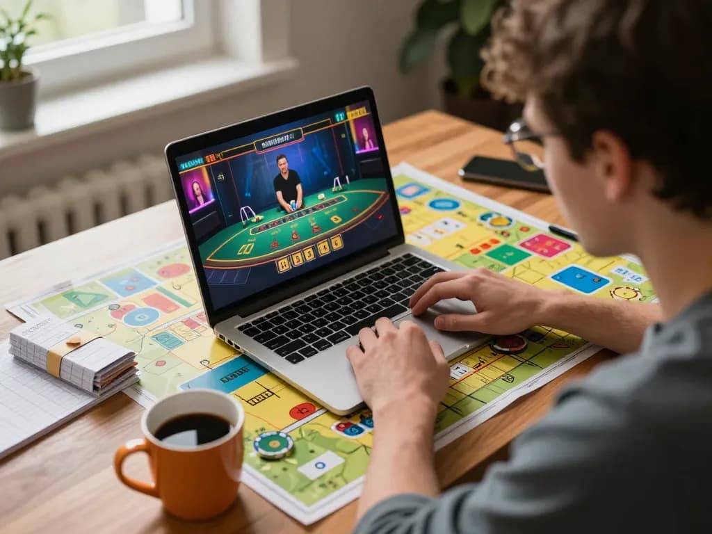 Sunwin player analyzing strategies while engaged in a live blackjack game at home, surrounded by notes and warm lighting.