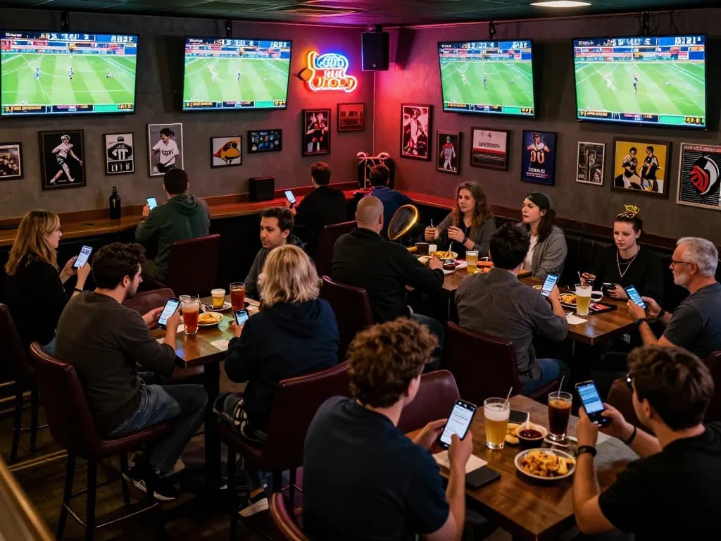 Exciting patrons placing bets on phtaya sports app during live match at a vibrant sports bar.
