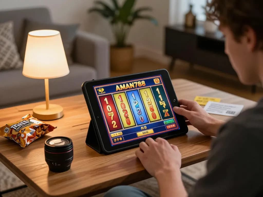 Pemain yang terlibat menikmati permainan slot AMAN788 di tablet selama malam yang nyaman di rumah.