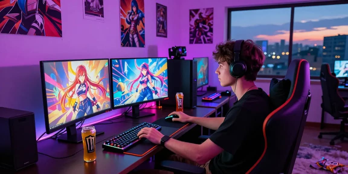 Engaged gamer playing a gay hentai game in a vibrant gaming lounge with neon lights.