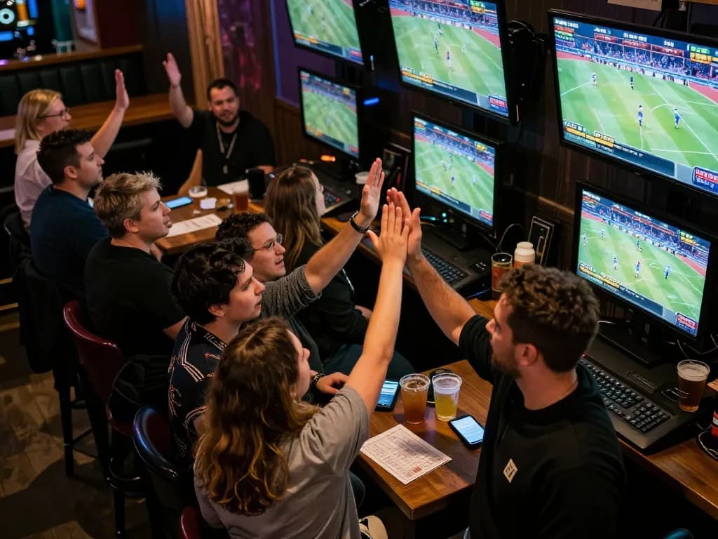 Excited patrons enjoying sports betting at a lively sports bar while using sunwin apps, cheers and drinks enhance camaraderie.