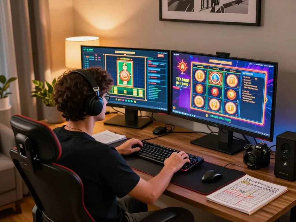 Player enjoying situs slot game on a tablet while analyzing strategies at a home office desk