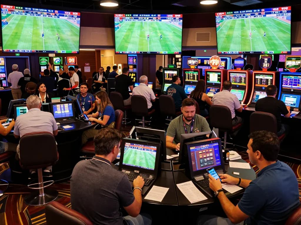 Tỷ Lệ Bóng Đá displayed on vibrant screens in a busy sports betting area, capturing the excitement of bettors.