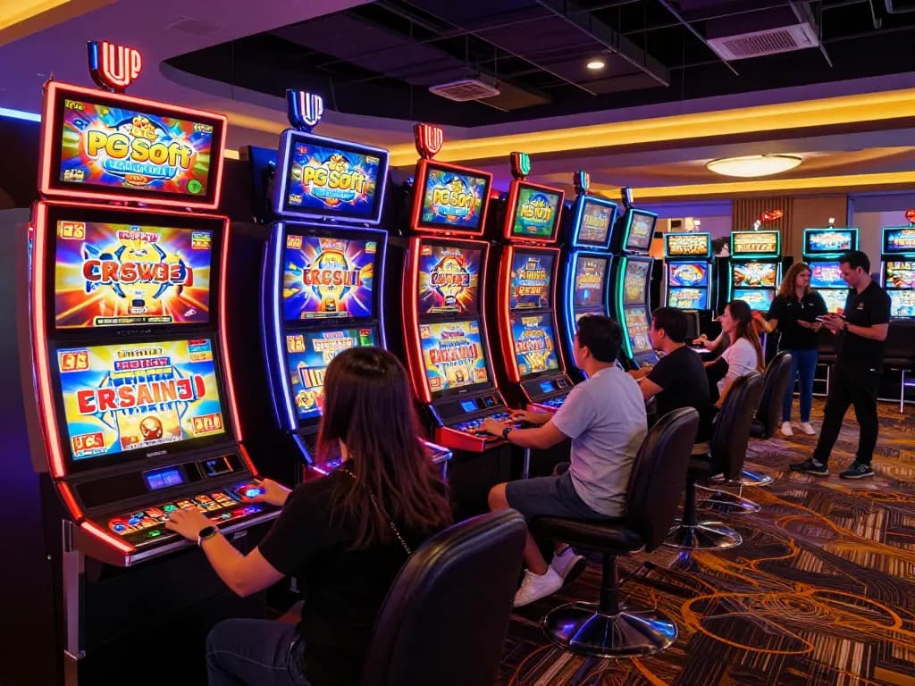 Pemain yang terlibat menikmati demo PG Soft Lengkap di mesin slot berwarna-warni dalam suasana kasino yang meriah.