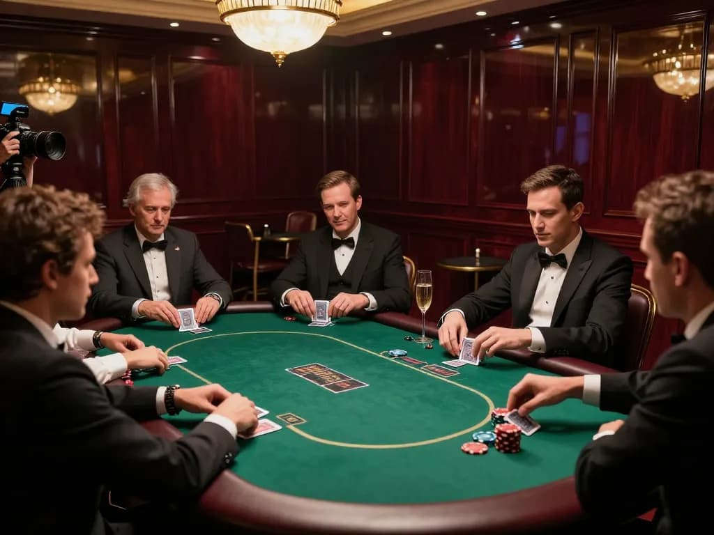 Engaged players strategize in an elegant VIP poker room, using the indopride88 link alternatif for online solutions.